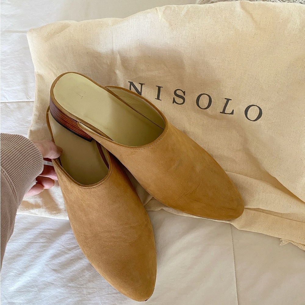 Nisolo women’s All Day suede heeled mule in almond